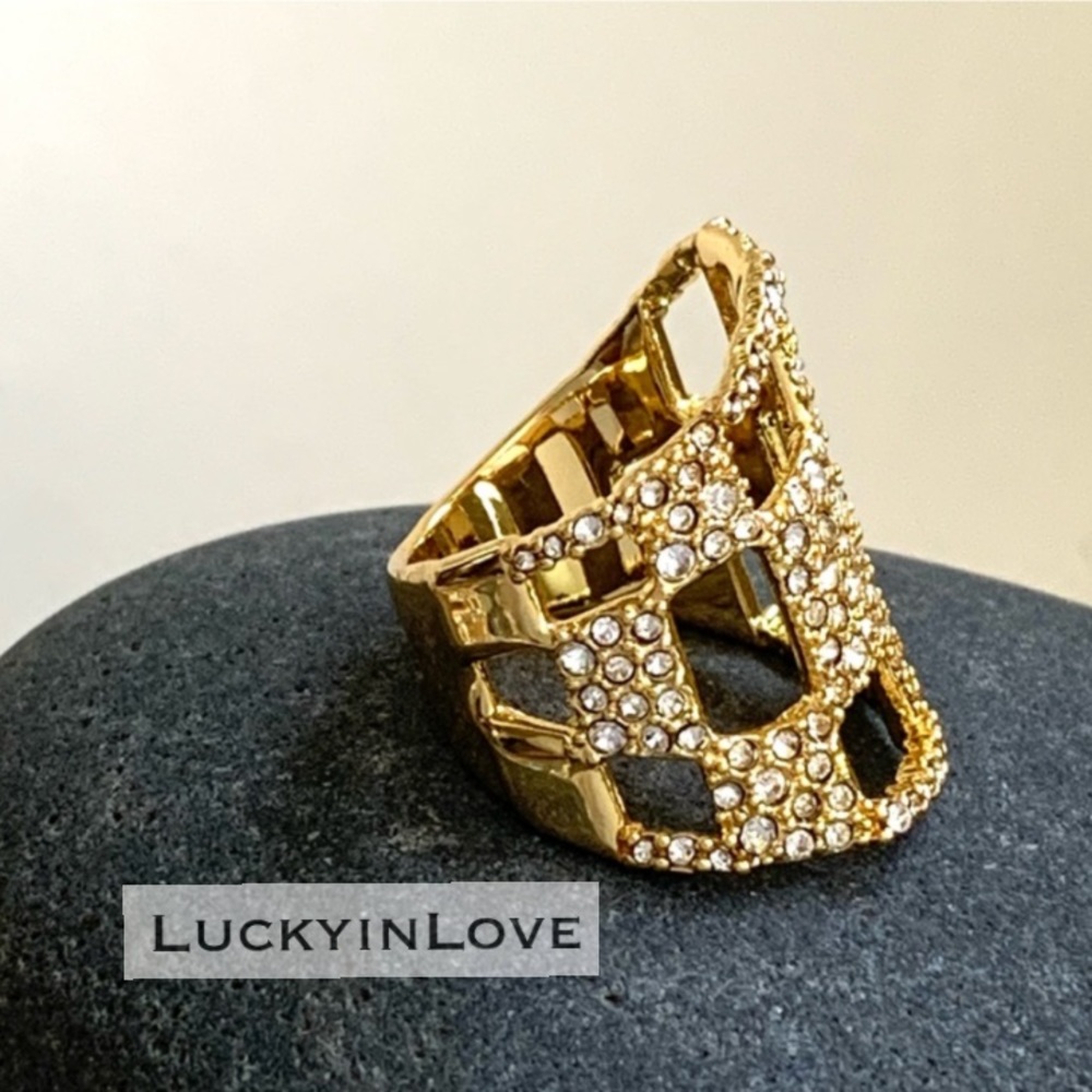 ALEXIS BITTAR • Gold Georgian Checkerboard Pavé Crystal “Diamond” Ring - Picture 4 of 11